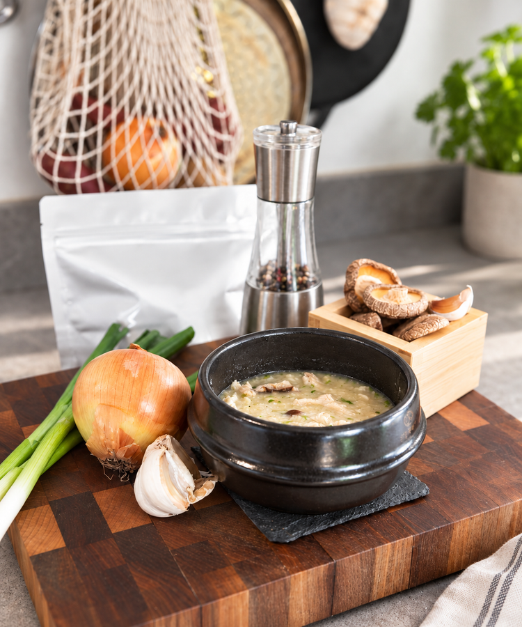 Mushroom congee with scallions, garlic and shiitake mushrooms